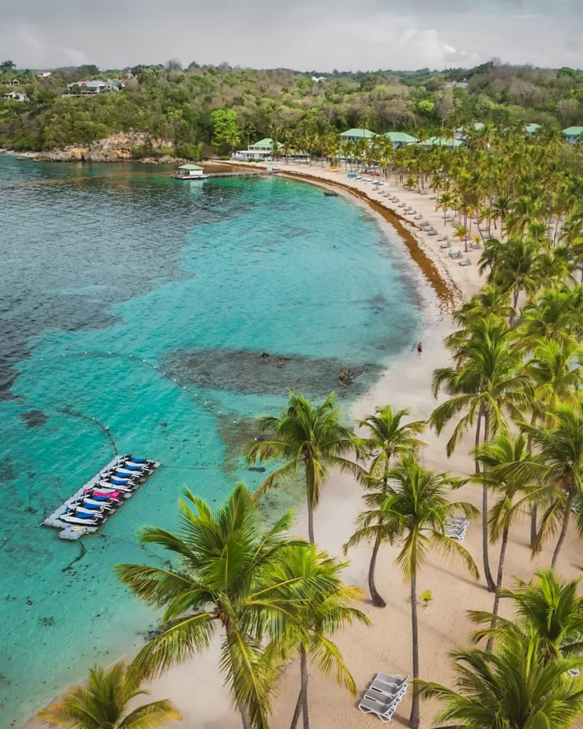 Plage de La Caravelle, sable blanc et mer turquoise en Guadeloupe.