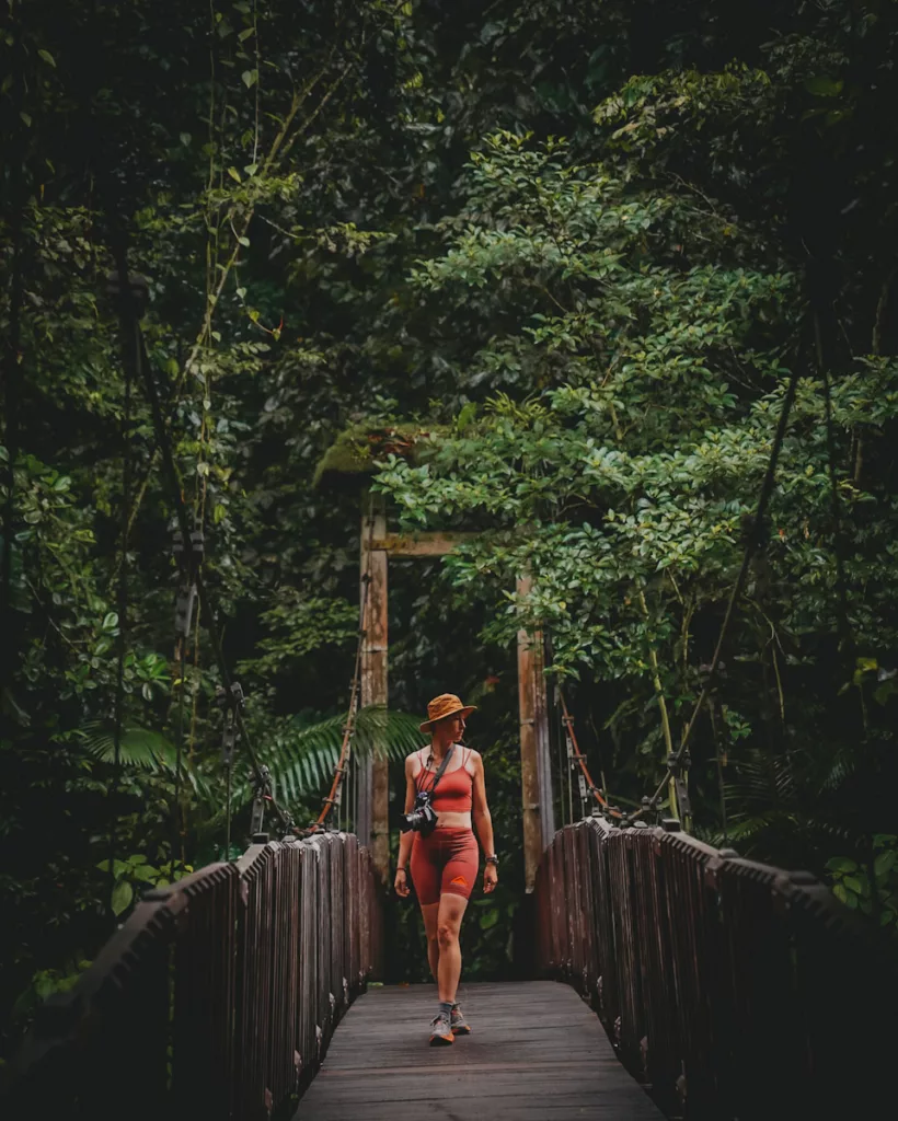 Passerelle en bois sur la rivière Rouge, sur le sentier de la Maison de la Forêt.