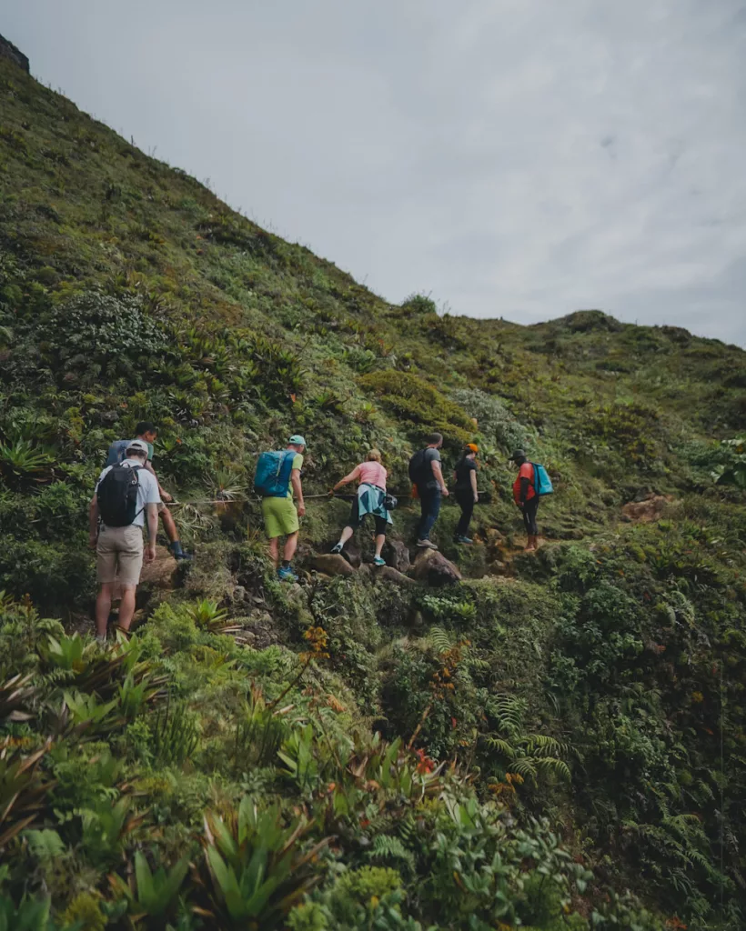 Randonnée en Guadeloupe : traversée d’un sentier étroit et rocailleux sur les flancs du volcan.

