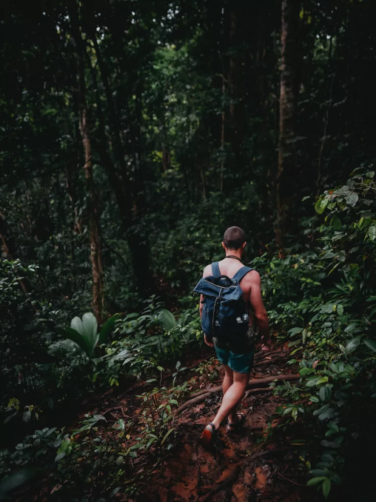 Descente glissante pour un randonneur sur un sentier humide et boueux, typique des randonnées en Guadeloupe.

