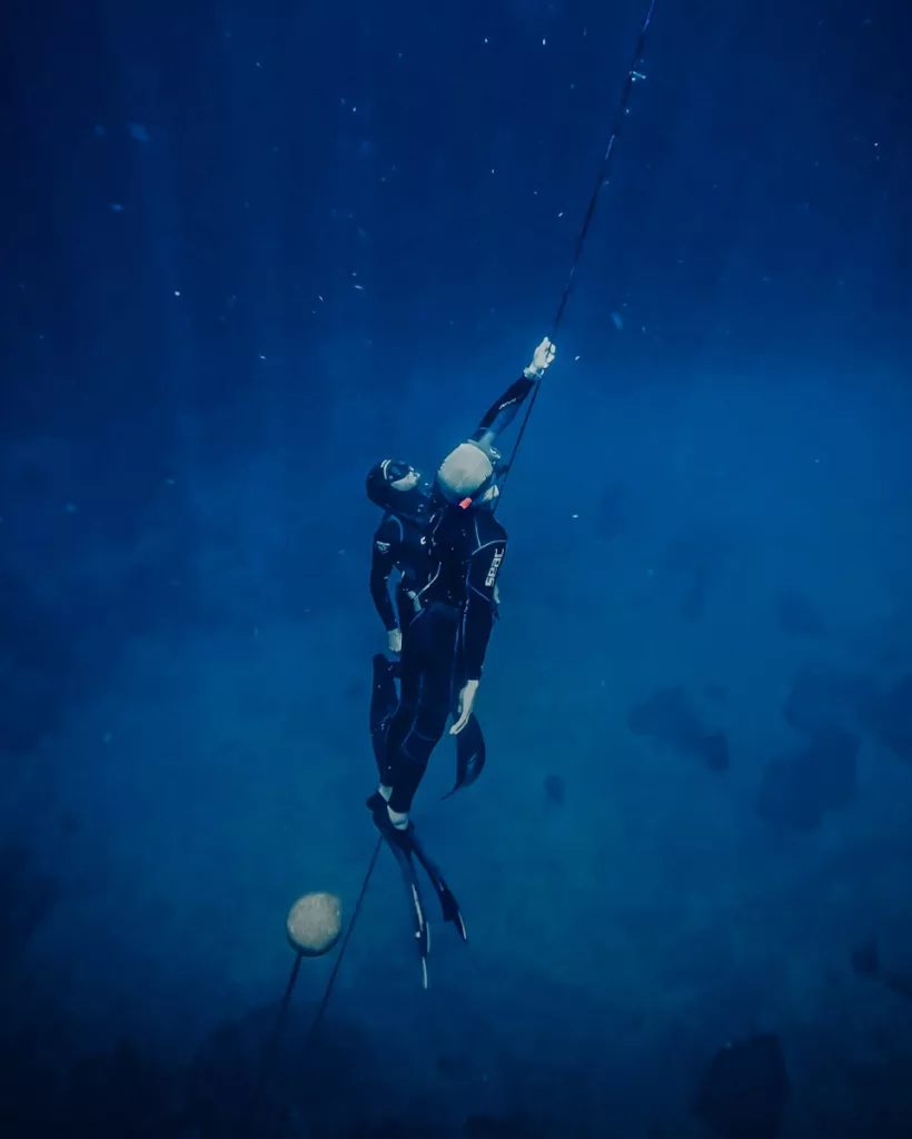 Plongeur en apnée nageant avec des poissons dans la réserve marine de Guadeloupe.