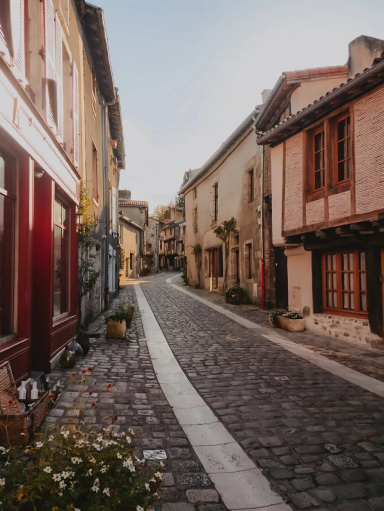 Vue pittoresque de la rue de la Vau Saint-Jacques lors d’une visite de la cité médiévale de Parthenay, avec ses maisons à pans de bois et son ambiance d’époque.