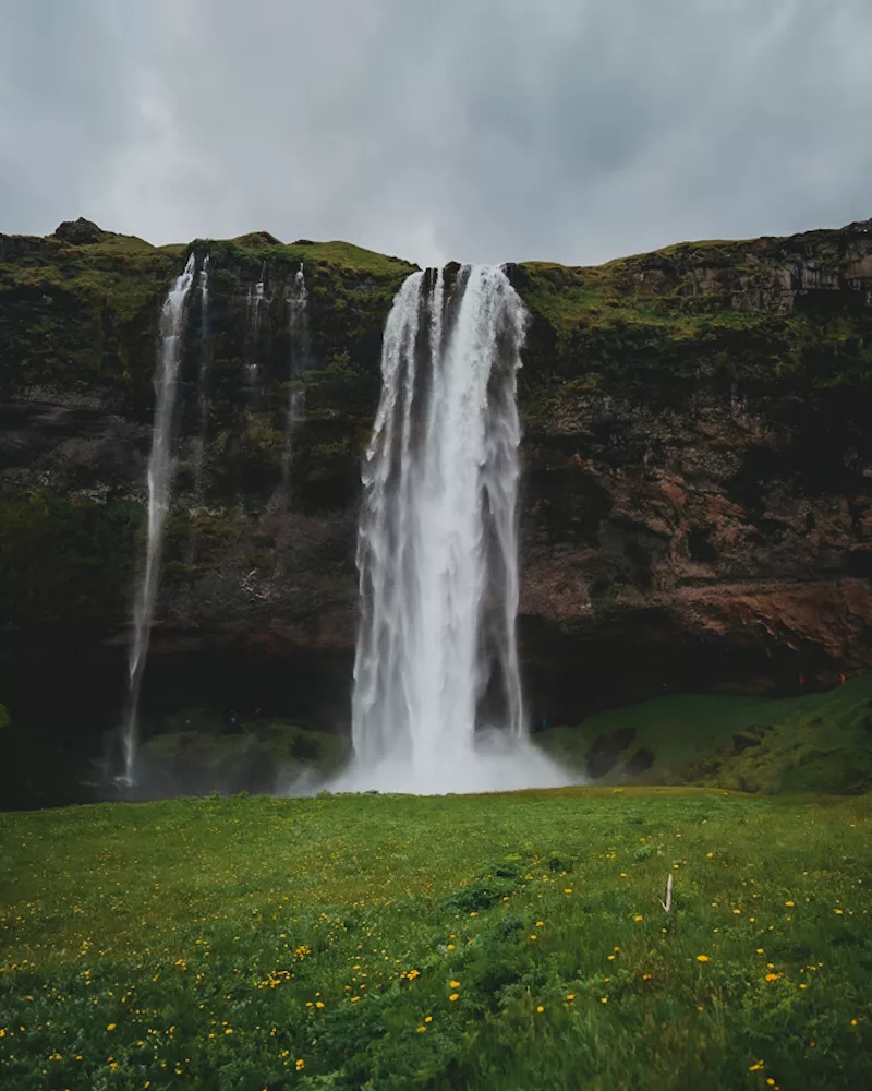Randonnée à la cascade de Seljalandsfoss, vue sur la cascade depuis les champs.