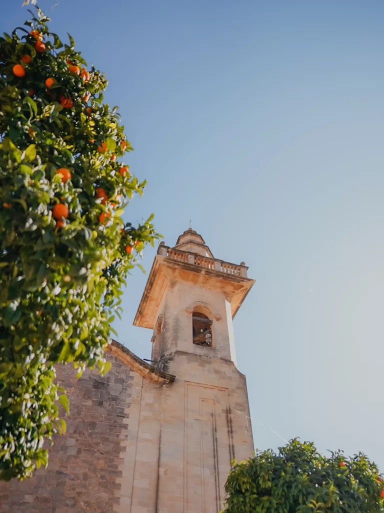 Nos recommandations pour réaliser le GR221 à Majorque : église de Valldemosa et oranger en février.